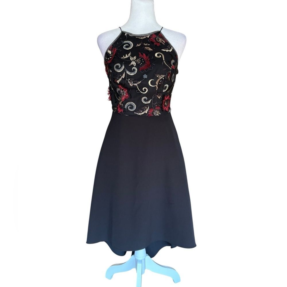 Aidan Mattox Embroidered Flowers High Low Black Dress Womens Size 2